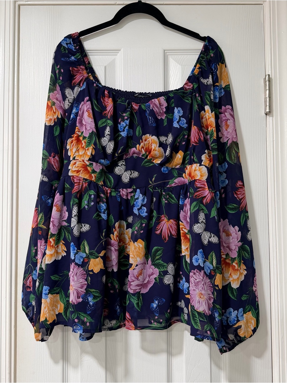 Floral Off-Shoulder Peasant Top in Navy